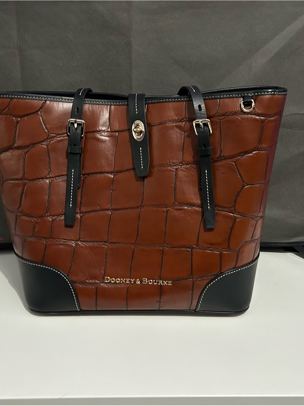 Dooney & Bourke Brown Croc-Embossed Tote with Black Trim